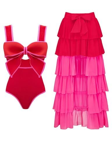FLAXMAKER Bow Front Color Block One Piece Swimsuit with Skirt