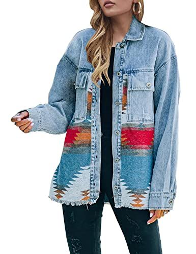 Lumister Distressed Aztec Denim Jacket Shacket