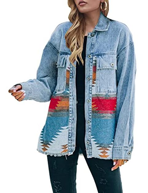 Lumister Distressed Aztec Denim Jacket Shacket