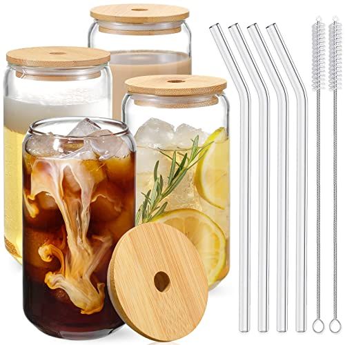 NETANY Drinking Glasses with Bamboo Lids and Glass Straws, 4-Piece Set