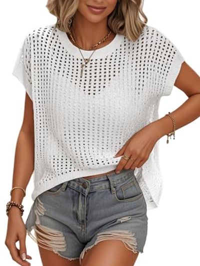 Bellcoco Crochet Cap Sleeve Beach Cover-Up Top, White, Small
