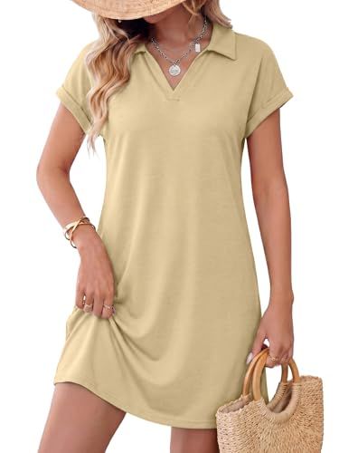 AUMORA Short-Sleeve Collared V-Neck Mini Dress w/ Pockets