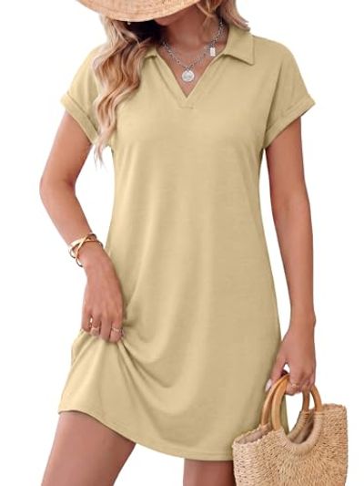 AUMORA Short-Sleeve Collared V-Neck Mini Dress w/ Pockets
