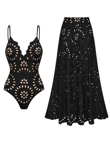 FLAXMAKER Women's One Piece Bathing Suit Petal Hollow V Neck Swimsuit and Skirt (Black Swimsuit and Skirt, S)