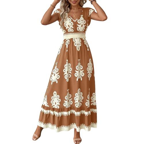 Ropa de Verano para Mujer Boho Maxi Dress for Women Wedding Guest Short Sleeve V Neck Smocked Waist Dress with Ruffle Hem Cottagecore Clothing Mom Graduation Dress