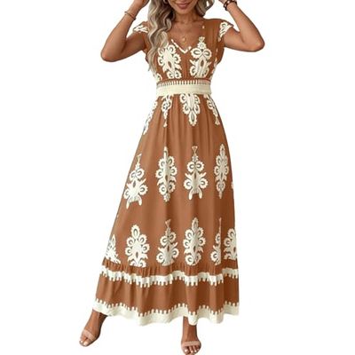 Ropa de Verano para Mujer Boho Maxi Dress for Women Wedding Guest Short Sleeve V Neck Smocked Waist Dress with Ruffle Hem Cottagecore Clothing Mom Graduation Dress