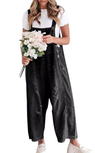 chouyatou Wide-Leg Distressed Denim Bib Overalls