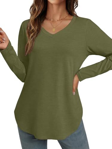 NORACORA Long Sleeve Tops for Women V Neck Shirt Basic Loose Fall Tunic Top Side Split Casual 2026 Trendy Dressy Casual Blouse Army Green S
