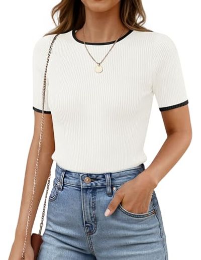 ZESICA Ribbed Knit Short Sleeve Crewneck Tee