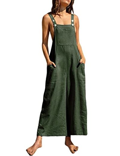 Bianstore Cotton Linen Wide-Leg Bib Overalls