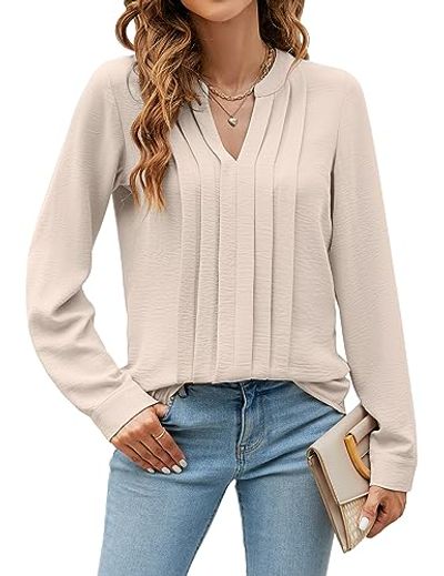 Blooming Jelly V-Neck Pleated Long-Sleeve Work Blouse