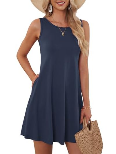 AUSELILY Navy Sleeveless Crew Neck Beach Mini Dress