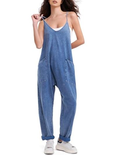 EXLURA Denim Bib Overall Romper with Pockets
