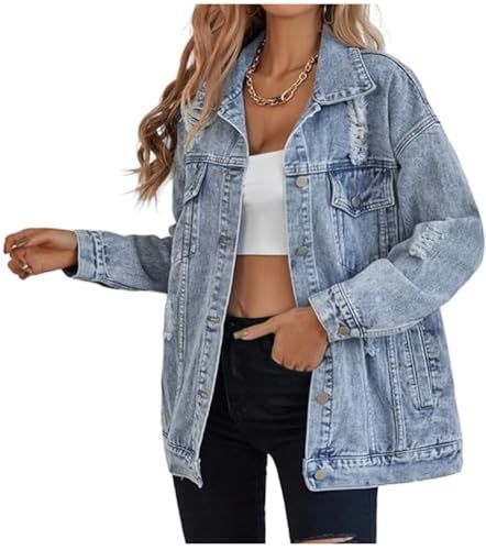LifeShe Oversized Distressed Boyfriend Denim Jacket