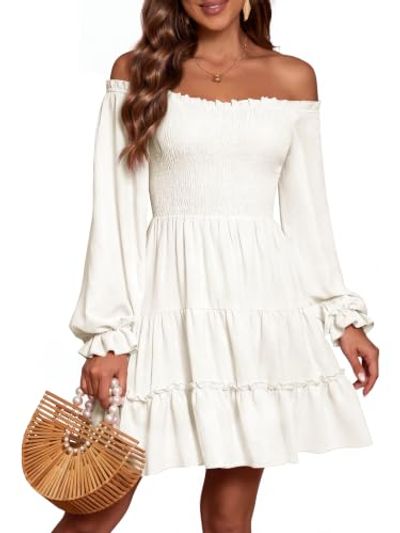 AUMORA Off Shoulder Long Sleeve Smocked Mini Dress