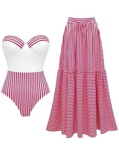 FLAXMAKER Retro One Piece Striped Swimsuit with Skirt