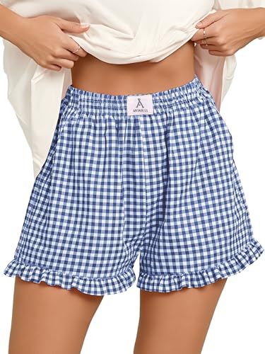 ANRABESS Boxer Shorts for Women,Gingham Plaid Elastic Waist Ruffle,Perfect for Lounge,Pajama&Sleep,Cute Casual Summer Bottoms Blue White Plaid Medium