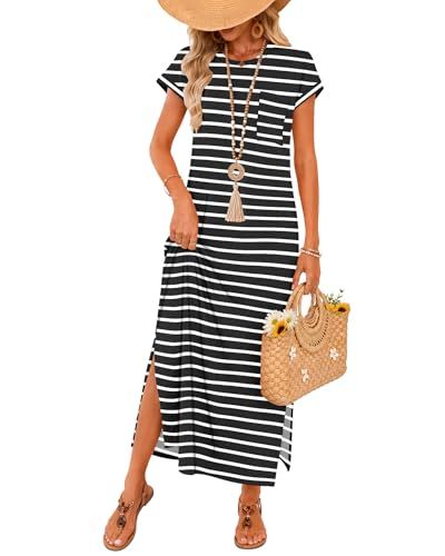 AUSELILY Wrinkle-Free Maxi Sundress Short Sleeve Split