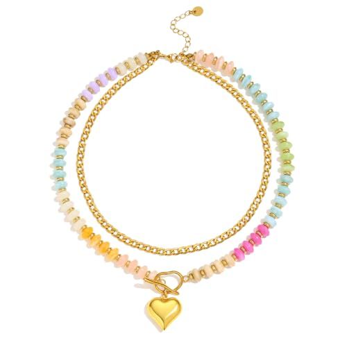Abiotp Colorful Beaded Layered Necklace with Gold Heart Pendant