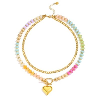 Abiotp Colorful Beaded Layered Necklace with Gold Heart Pendant