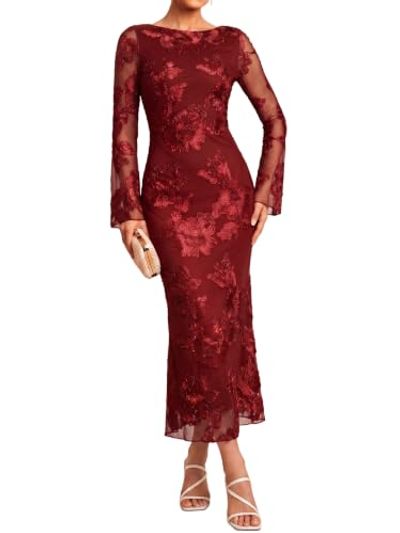 AUMORA Long Sleeve 3D Floral Maxi Dress, Red