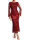 AUMORA Long Sleeve 3D Floral Maxi Dress, Red