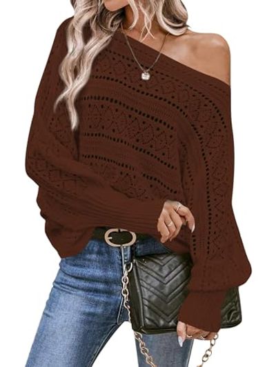 Cakulo Off-the-Shoulder Batwing Knit Sweater, Brown