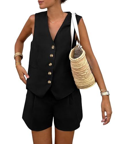 PRETTYGARDEN 2-Piece Button-Front Vest & Shorts Set