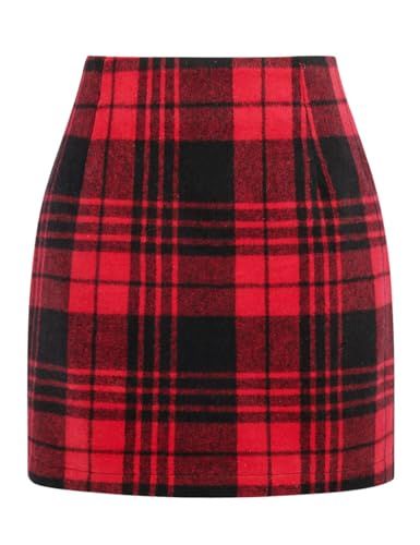 Mywinway High-Waisted Plaid Pencil Mini Skirt, Deep Red