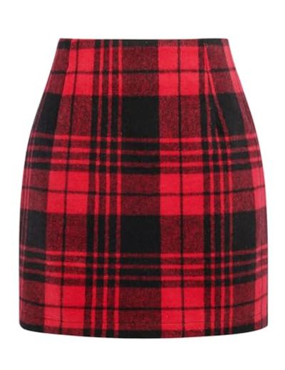 Mywinway High-Waisted Plaid Pencil Mini Skirt, Deep Red