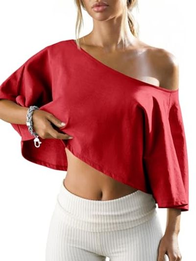 Fisoew Women's Off-Shoulder Cropped Batwing Top
