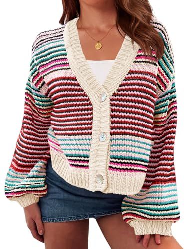 Saodimallsu Oversized Puff-Sleeve Striped Cardigan Sweater