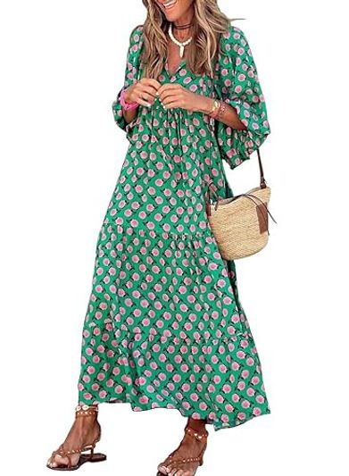 miduo Boho Floral V-Neck Maxi Dress, Green