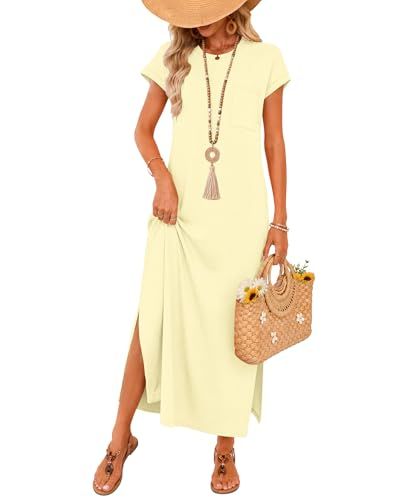 AUSELILY Wrinkle-Free Maxi Sundress Short Sleeve Light Yellow