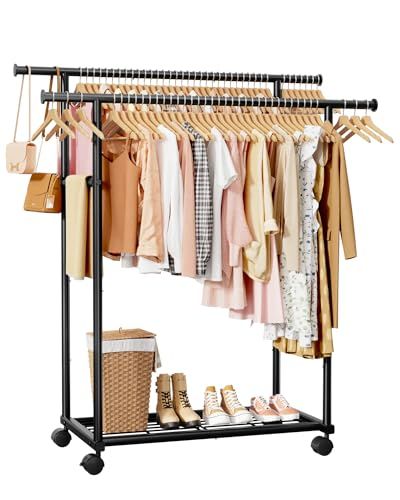 Sakugi Double-Rod Rolling Clothes Rack with Shelf