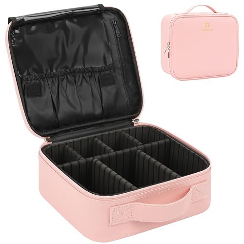 Relavel Travel Makeup Train Case with Adjustable Dividers, Pink