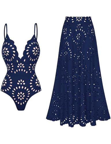 FLAXMAKER Women's One Piece Bathing Suit Petal Hollow V Neck Swimsuit and Skirt(Blue,L)