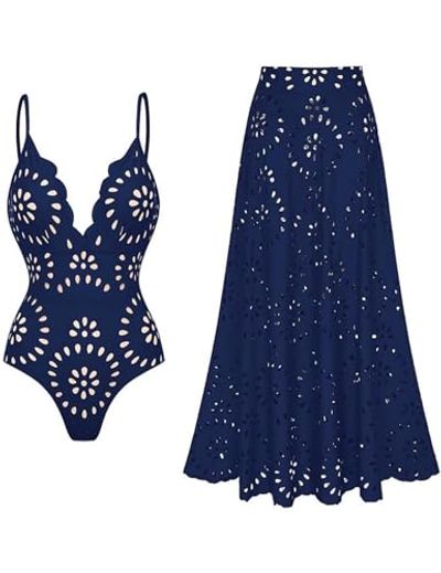 FLAXMAKER Petal V-Neck One-Piece Swimsuit & Skirt (Blue)