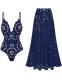 FLAXMAKER Petal V-Neck One-Piece Swimsuit & Skirt (Blue)