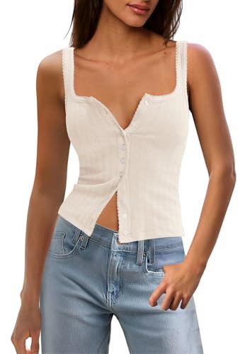 Panadila Womens Ribbed Square Neck Tank Top Summer Button Down Tanks Sleeveless Knit Tops Going Out Outfits(Beige,L)