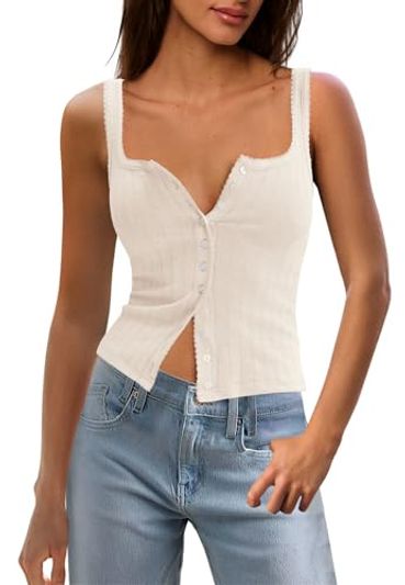 Panadila Womens Ribbed Square Neck Tank Top Summer Button Down Tanks Sleeveless Knit Tops Going Out Outfits(Beige,L)