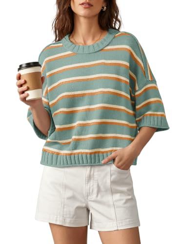 Nirovien Women's Short Sleeve Striped Knit Sweater, Green, XL