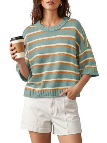 Nirovien Women's Short Sleeve Striped Knit Sweater, Green, XL