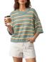 Nirovien Women's Short Sleeve Striped Knit Sweater, Green, XL