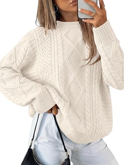 ANRABESS Oversized Cable-Knit Crewneck Sweater