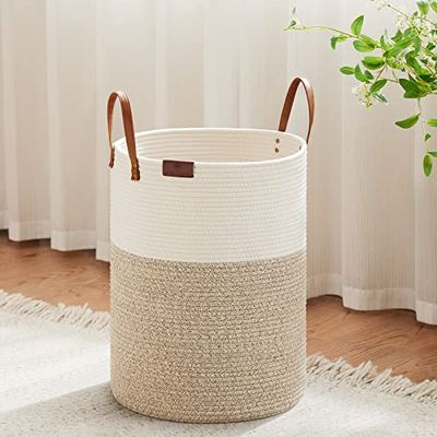 VIPOSCO Small Woven Rope Laundry Basket with Leather Handle, 30L, White & Brown