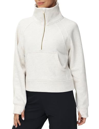 THE GYM PEOPLE Half-Zip Fleece Crop Pullover, Off-White
