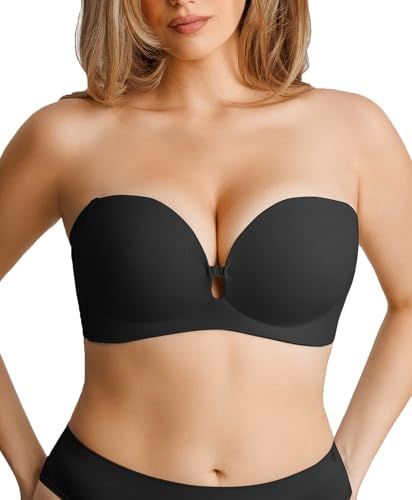 Popilush Strapless Push Up Bra Women Non Slip Wireless Supportive Padded Bras Seamless Comfortable Tube Bra Everyday Wear Black L