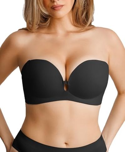 Popilush Strapless Push Up Bra Women Non Slip Wireless Supportive Padded Bras Seamless Comfortable Tube Bra Everyday Wear Black L