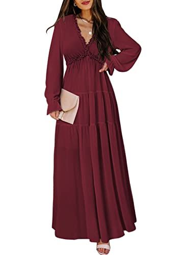 BLENCOT Boho V-Neck Long Sleeve Maxi Dress, Wine Red